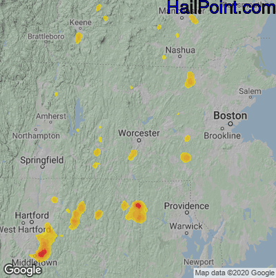 Hail Map for Worcester, MA Region on June 2, 2023