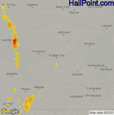 Hail Map for Dodge City, KS Region on June 2, 2023