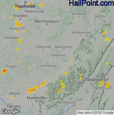 Hail Map for Tullahoma, TN Region on June 4, 2023