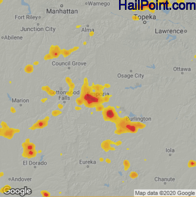 Hail Map for Emporia, KS Region on June 5, 2023