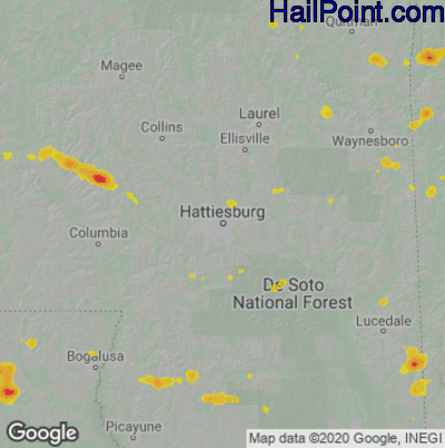 Hail Map for Hattiesburg, MS Region on June 5, 2023