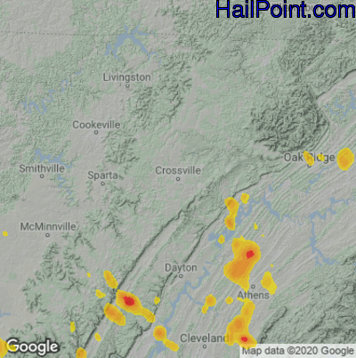 Hail Map for Crossville, TN Region on June 5, 2023