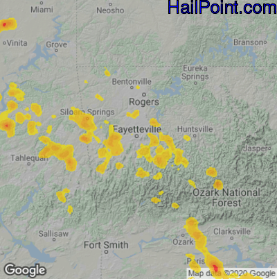 Hail Map for Fayetteville, AR Region on June 9, 2023