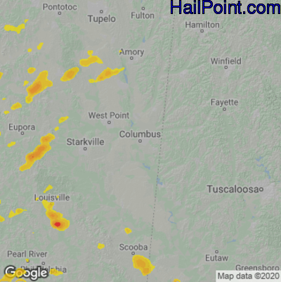 Hail Map for Columbus, MS Region on June 10, 2023