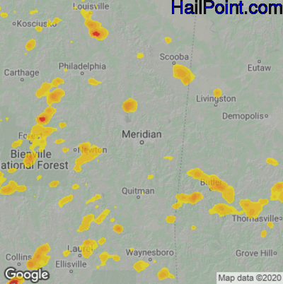 Hail Map for Meridan, MS Region on June 10, 2023