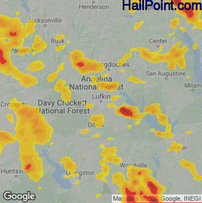 Hail Map for Lufkin, TX Region on June 10, 2023