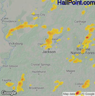 Hail Map for Jackson, MS Region on June 10, 2023