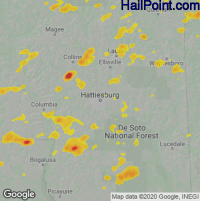 Hail Map for Hattiesburg, MS Region on June 10, 2023