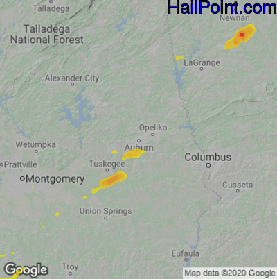 Hail Map for Auburn, AL Region on June 11, 2023