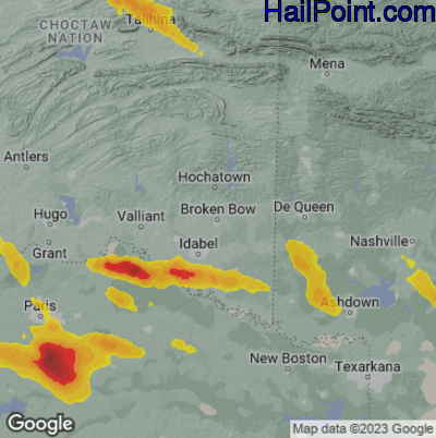 Hail Map for Broken Bow, OK Region on June 11, 2023