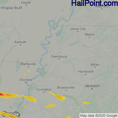 Hail Map for Dyersburg, TN Region on June 11, 2023
