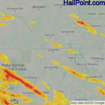 Hail Map for Corinth, MS Region on June 11, 2023