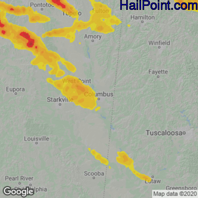 Hail Map for Columbus, MS Region on June 12, 2023 