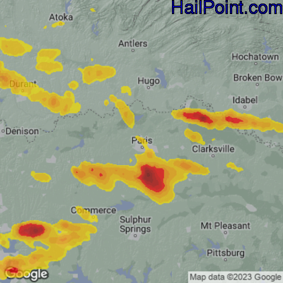 Hail Map for Paris, TX Region on June 12, 2023