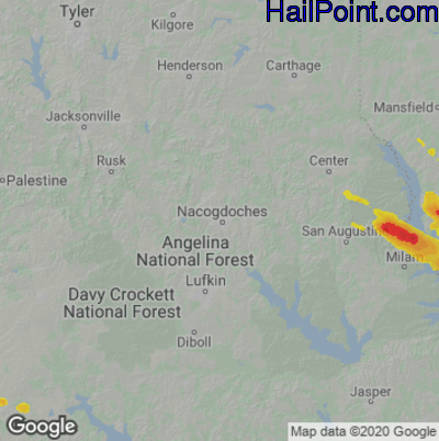 Hail Map for Nacogdoches, TX Region on June 12, 2023