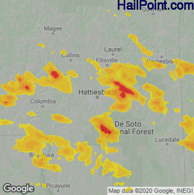 Hail Map for Hattiesburg, MS Region on June 12, 2023