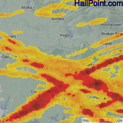 Hail Map for Paris, TX Region on June 13, 2023