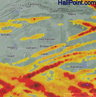 Hail Map for Broken Bow, OK Region on June 13, 2023