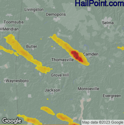 Hail Map for Thomasville, AL Region on June 13, 2023