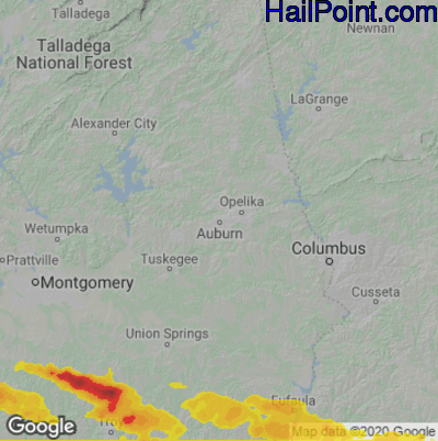 Hail Map for Auburn, AL Region on June 13, 2023 