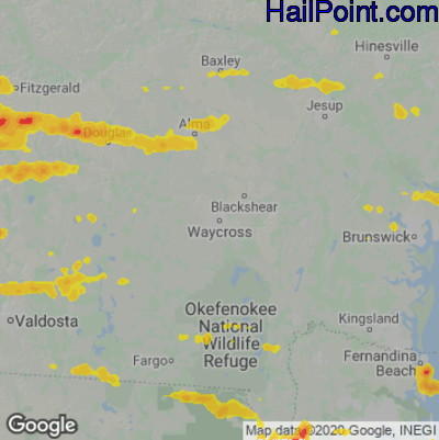 Hail Map for Waycross, GA Region on June 13, 2023