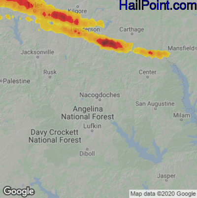 Hail Map for Nacogdoches, TX Region on June 13, 2023 