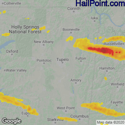 Hail Map for Tupelo, MS Region on June 14, 2023 