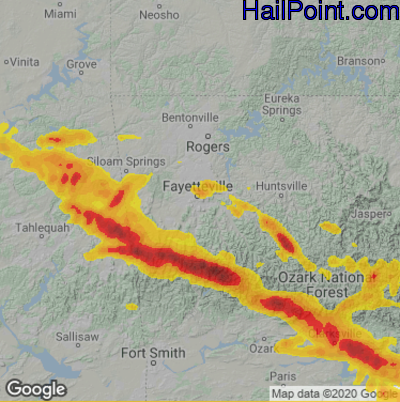 Hail Map for Fayetteville, AR Region on June 14, 2023