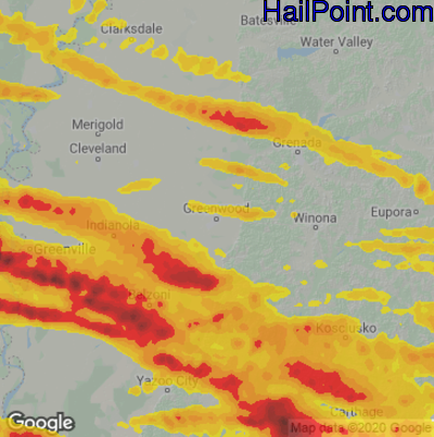 Hail Map for Greenwood, MS Region on June 14, 2023