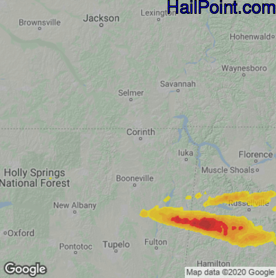 Hail Map for Corinth, MS Region on June 14, 2023