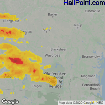 Hail Map for Waycross, GA Region on June 14, 2023 