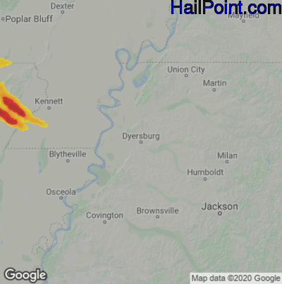Hail Map for Dyersburg, TN Region on June 15, 2023