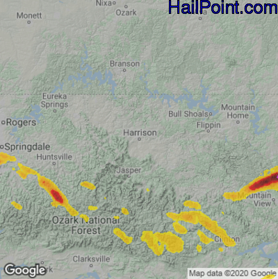 Hail Map for Harrison, AR Region on June 15, 2023