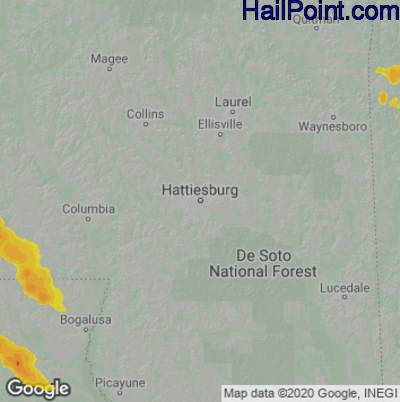 Hail Map for Hattiesburg, MS Region on June 15, 2023