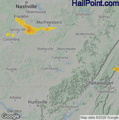 Hail Map for Tullahoma, TN Region on June 15, 2023 