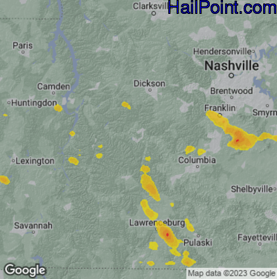 Hail Map for Centerville, TN Region on June 15, 2023