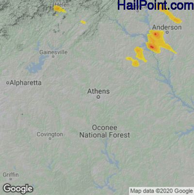 Hail Map for Athens, GA Region on June 15, 2023