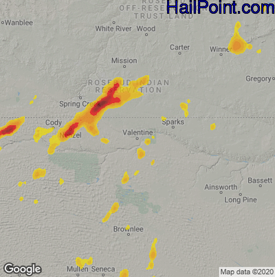 Hail Map for Valentine, NE Region on June 15, 2023
