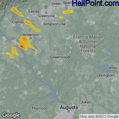 Hail Map for Greenwood, SC Region on June 15, 2023