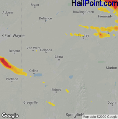 Hail Map for Lima, OH Region on June 15, 2023