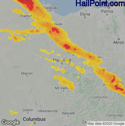 Hail Map for Mansfield, OH Region on June 15, 2023
