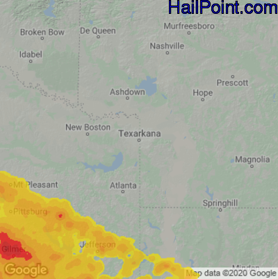 Hail Map for Texarkana, AR Region on June 16, 2023