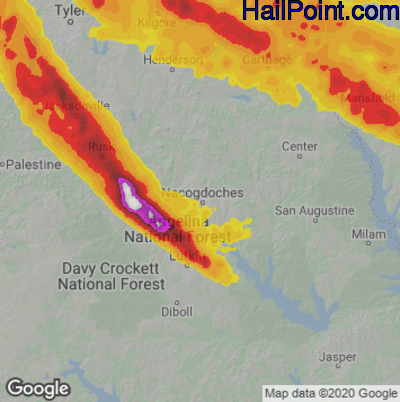 Hail Map for Nacogdoches, TX Region on June 16, 2023