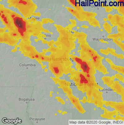 Hail Map for Hattiesburg, MS Region on June 16, 2023