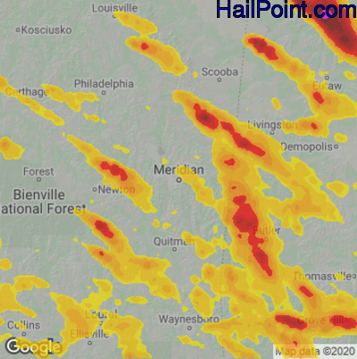 Hail Map for Meridan, MS Region on June 16, 2023