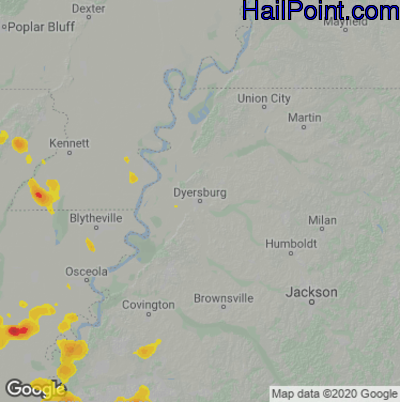 Hail Map for Dyersburg, TN Region on June 16, 2023