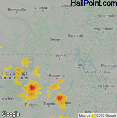 Hail Map for Corinth, MS Region on June 16, 2023 
