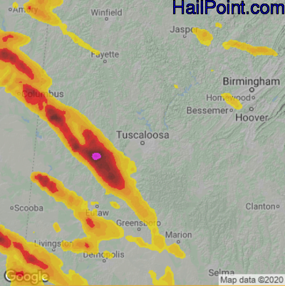 Hail Map for Tuscaloosa, AL Region on June 16, 2023 