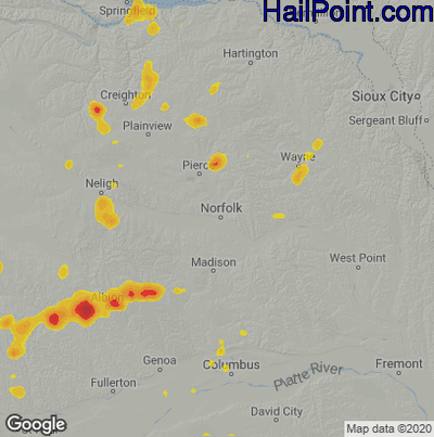 Hail Map for Norfolk, NE Region on June 16, 2023