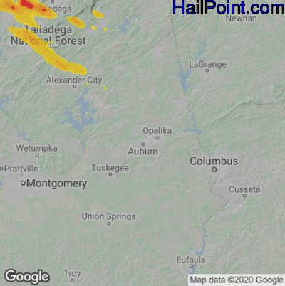 Hail Map for Auburn, AL Region on June 16, 2023 